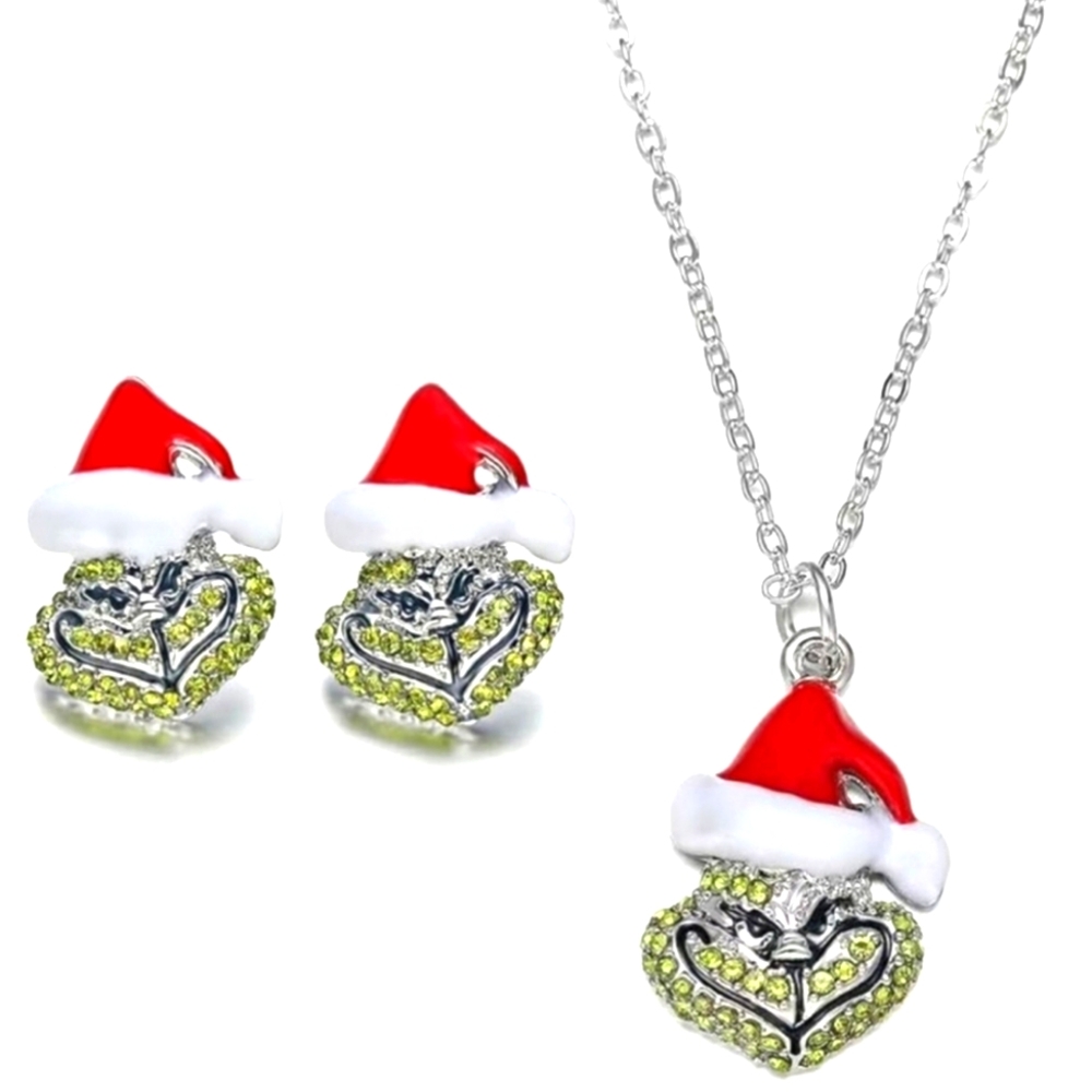 The Grinch Christmas Rhinestone Necklace & Earring Set